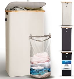 HENNEZ Wasmand met deksel van 100L opvouwbaar met bamboe frame - inclusief waszak - beige — thumbnail 1