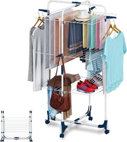 Kledingdroger Toren, opvouwbaar en ruimtebesparend, 3 niveaus, 6 opvouwbare vleugels, oprolbaar en stabiel, mobiele toren kledingdroger, droogrek voor grote gezinnen binnen en buiten, Wit en Blauw — thumbnail 1