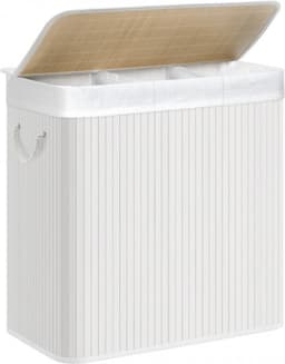 SONGMICS - Wasmand 150 liter - 3 sorteervakken - 60x40x61.5 - bamboe met stof - wit LCB091W01 — thumbnail 1