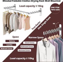 Droogrek voor Kleding Wandmontage - Ruimtebesparend Vouwrek incl. Intrekbare Staaf - Kleine Onzichtbare Opvouwbare Hanger voor Jas - Deurhangend en Opvouwbaar - Droogrek voor . — thumbnail 5