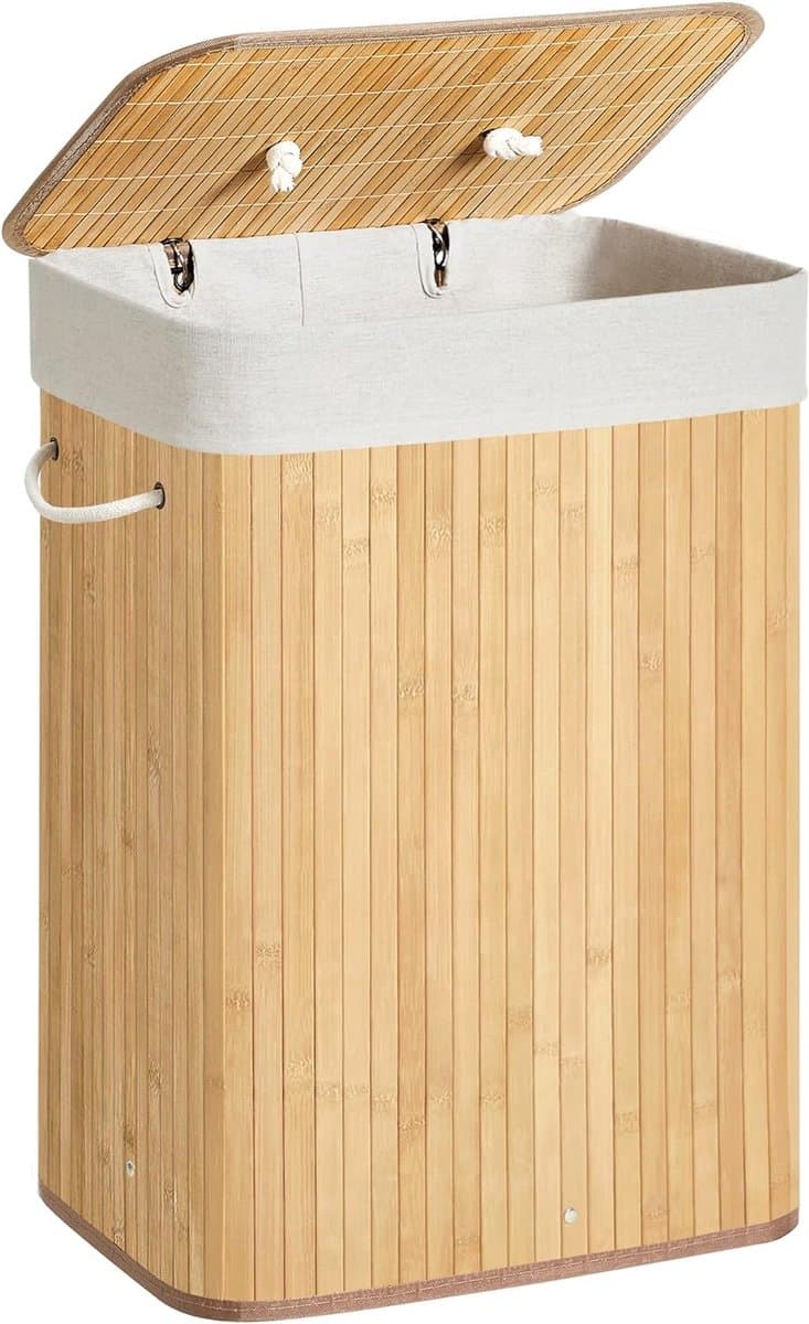 Bamboe wasmand, opvouwbare wasbak met deksel en uitneembare katoenen waszak, 72 L wasbox, waskist, 40 x 30 x 60 cm, beige LCB10Y — afbeelding 1
