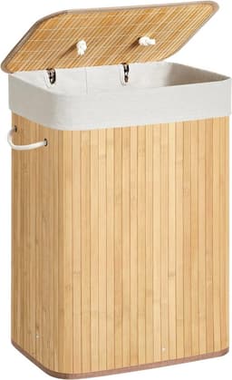 Bamboe wasmand, opvouwbare wasbak met deksel en uitneembare katoenen waszak, 72 L wasbox, waskist, 40 x 30 x 60 cm, beige LCB10Y — thumbnail 1
