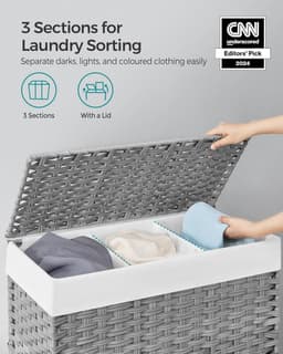 wasmand met de hand gevlochten, waszak met deksel, met 3 vakken, opvouwbaar, met wielen, van polyrotan, handgrepen, katoenen waszak in de machine wasbaar, natuurlijke kleuren LCB363G01 — thumbnail 3