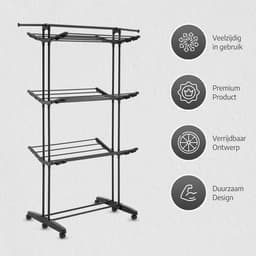 Meisterhome® - 24 Meter - wasrek – Inklapbare wielen – makkelijk opbergen - Droogtoren op wielen - 3 etages - draaibaar droogrek - uitklapbaar – Mat zwart - Tot 25 kg wasgoed — thumbnail 2