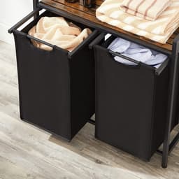 Parya Home Wasmand met 2 Vakken en Plank – 92 Liter – Industrieel Rustiek Bruin Zwart – Uittrekbare Waszakken — thumbnail 5