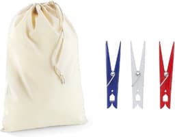 Wasknijperzakje / tasje met afsluitkoord en 24 gekleurde wasknijpers van kunststof - knijperzak / opbergtas — thumbnail 1