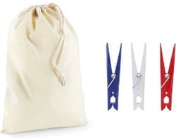 Wasknijperzakje / tasje met afsluitkoord en 24 gekleurde wasknijpers van kunststof - knijperzak / opbergtas — afbeelding 1