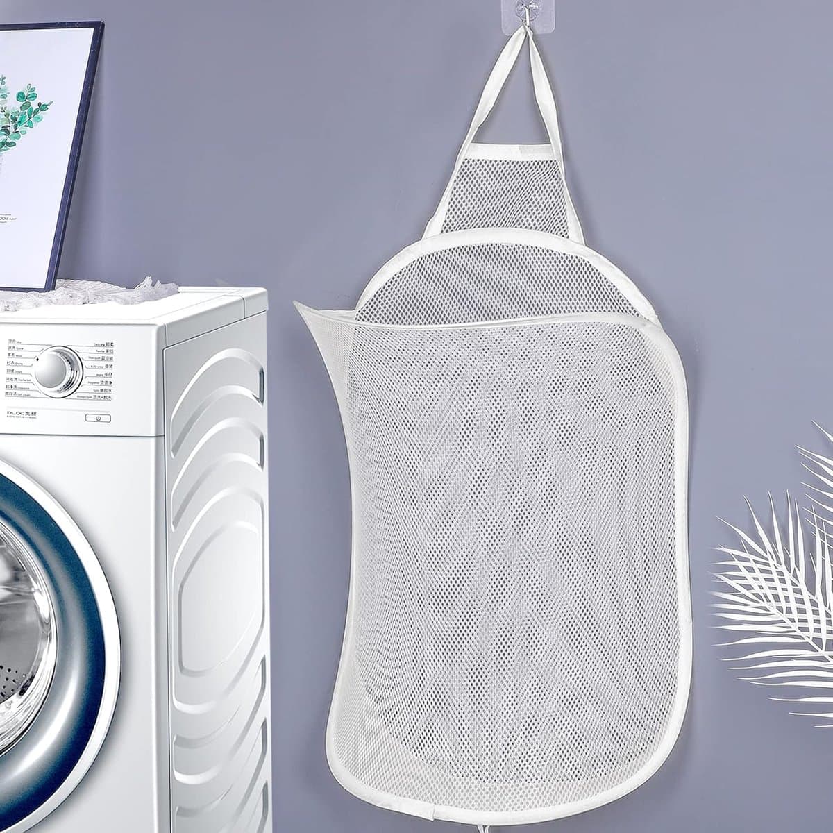 SnelShoppen - Hangende Wasmand - Grote Vouwbare Wasmand met Witte Mesh, Makkelijk te Bevestigen aan Wand of Wasmachine, 59x37cm, Ideaal voor Badkamer — afbeelding 1