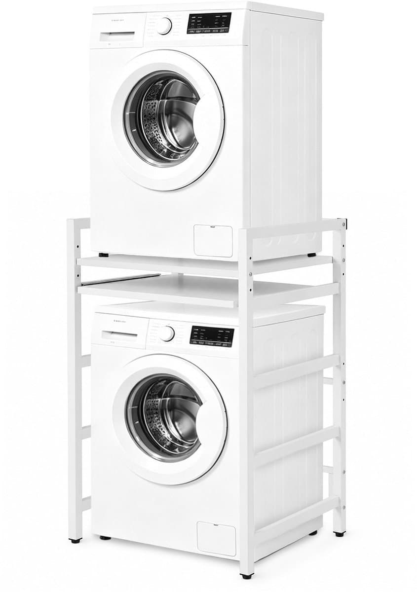 Wasmachinerek Wasmachine Rek Droger Rek Wasmachine Droger Stelling Wasmachine Opbergrek Badkamer Wasruimte Wasmachine Kast Uitschuifbaar Legblad Verstelbaar 95-105 cm Metalen Rek 300kg Wit — afbeelding 1