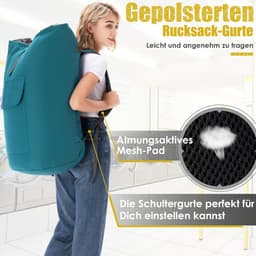 Waszak voor op reis, vuile was, XXL, 115 liter, waszak met 2 gevoerde schouderbanden, waszak, opvouwbare opbergzak, kledingtas, plunjezak, rugzak (turquoise) — thumbnail 3