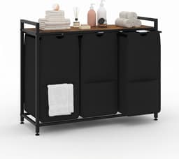 Wasmand 3 vakken, 145L wassorteerder, verrijdbare waswagen – voor wasruimte, slaapkamer, badkamer – zwart — thumbnail 1