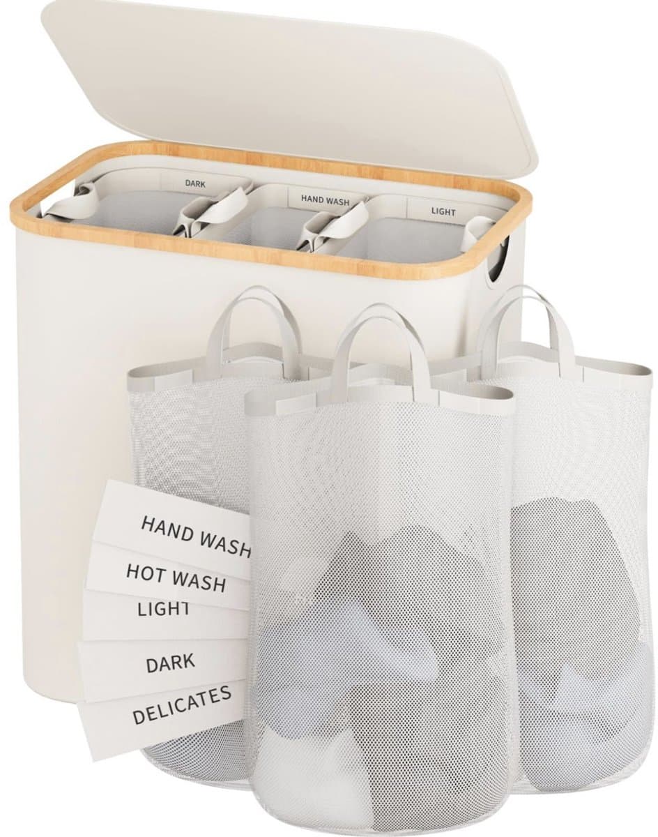 SOLEA Wasmand 3 vakken – Wasmand met deksel - Grote Wasmand met Was Sortering - Wassorteerder - 160 L - Beige - Bamboe — afbeelding 1