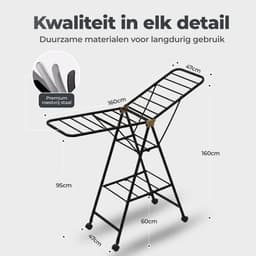 Eluxara Wasrek Deluxe – Inc. Kleine Droogmolen – Droogrek Met Wielen- 25 Meter Drooglengte - Groot Inklapbaar - 3-Laags – Kleding Wasdroogrek – Stevig RVS Frame – Modern Design – 160×47×95 cm - Zwart — thumbnail 4