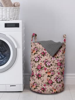 ABAKUHAUS bloemenwaszak, bloempatroon met roos, wasmand met handvatten, trekkoorddichting voor wasserettes, beige roze donkergroen — thumbnail 3