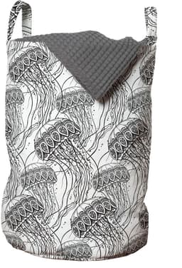 ABAKUHAUS Kwalwaszak, Zentangle oceaanwezen, wasmand met handvatten, trekkoord voor wasserettes, houtskoolgrijs en wit — thumbnail 1