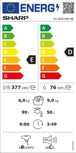 Sharp ESND914WDBE - Was-droogcombinatie - 9 kg wassen - 6 kg drogen - energieklasse A/D - WIT — thumbnail 2