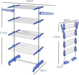 Novari - Verticale waslijn - Wasrek - Droogrek - Droogtoren - Droogrek inklapbaar - 4 droogniveaus - 142x55x172cm - RVS frame — thumbnail 3