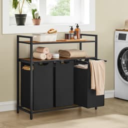 Wasmand 3-vaks kledingopslagrek met 3 uitneembare en afneembare 40L binnenzakken en 2-laags opbergplanken eenvoudig te monteren en te reinigen stevig en duurzaam metalen frame geschikt voor badkamer en wasruimte 92.5 x 33 x 92 cm bruin + zwart — thumbnail 3