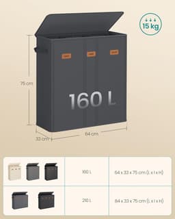 Wasmand 3 Vakken – 160L – Met Deksel – Uitneembare Binnenzak – Opvouwbaar – Oxford Stof – 64 × 33 × 75 cm – Donkergrijs — thumbnail 2