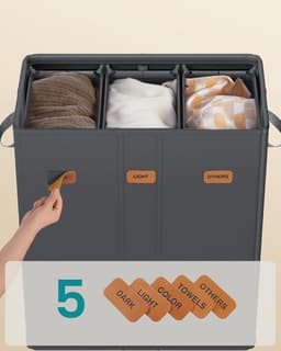 Wasmand 3 Vakken – 160L – Met Deksel – Uitneembare Binnenzak – Opvouwbaar – Oxford Stof – 64 × 33 × 75 cm – Donkergrijs — thumbnail 5