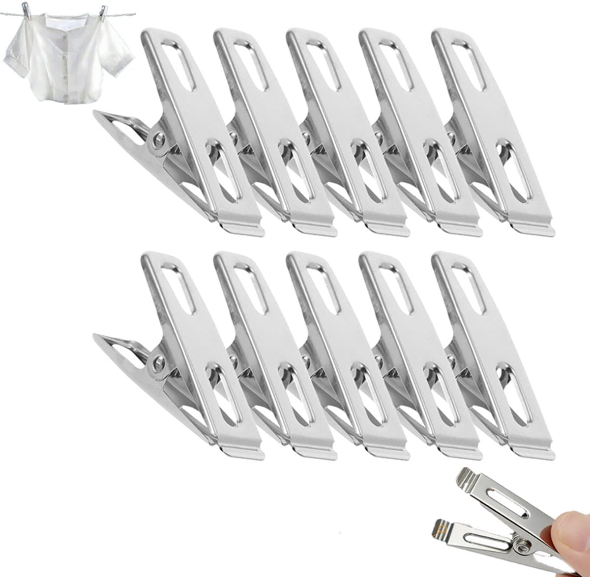 10 stuks - Wasknijpers van roestvrij staal - Platte wasknijpers - Platte vouwers - Heavy Duty Laundry Clips - metalen wasknijpers - kledingclips - Geschikt voor gebruik buitenshuis, thuis, in de keuken, op reis en op kantoor — afbeelding 1