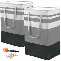 Wasmanden - Wasmand opvouwbaar - wassorteerder - wasmand 2 vakken - Katoen-linnen met waterdichte coating en metalen frame - voor veelzijdige opslagdoeleinden - met 4 opvouwbare kledinghangers - Verlengde handvatten — thumbnail 3