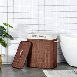 Bamboe Wasmand - Badkamer Wasbox - Grote Wasverzamelaar - Wasmand 100L - 3 Handvatten - Uitneembare Zak - Wasbaar - Stevig - Badkamer - 52x32x63cm - 1 Stuk - Bruin Wit — thumbnail 4