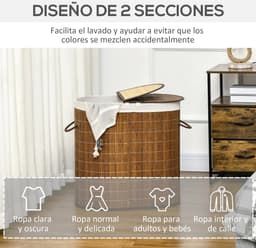 ELYSIVM Wasmand - Wasmand met 2 vakken - Wasmand met 2 deksels - wassorteerder - wasmand met 2 deksels - 2 Compartimenten / Vakken - Uitneembare Binnenvoering - Ventilerend - 100 L - 62,5 x 37 x 60,5 cm - Bruin — thumbnail 2