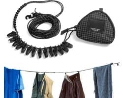 Kleding lijn - Waslijn buiten - Kleding drogen - Winddicht met clips - Verstelbaar touw - Zwart