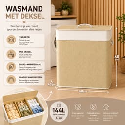 Celestul Wasmand - Wasmand met 3 vakken - Bamboe Wasmand - Was Sorteerder - Wasmand met Deksel - Uitneembare Waszakken - Direct Sorteren - 144 L - 60 x 40 x 60 cm - Beige — thumbnail 2