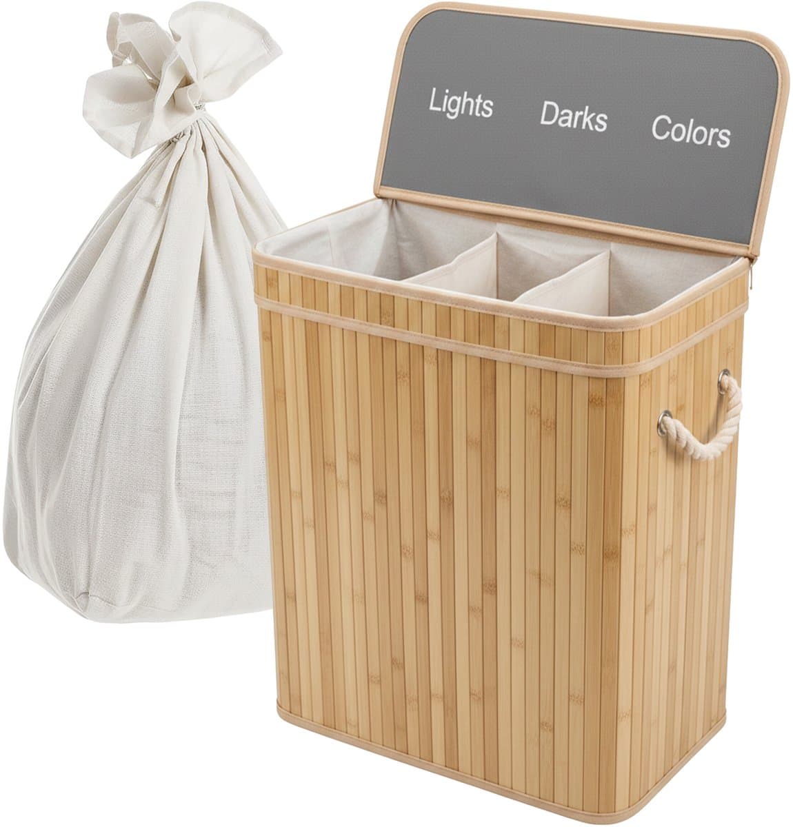 Wasmand 3 vakken - 105 l - opvouwbaar - bamboe — afbeelding 1