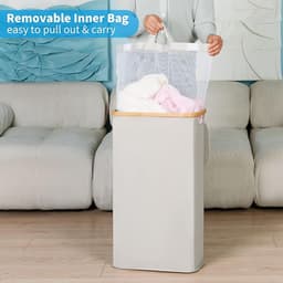 Smalle Wasmand 63L, Smalle Wasmand met Deksel, Lichtgrijze Linnenmand Opvouwbaar met Bamboe Handgrepen en Verwijderbare Zak voor Slaapkamer, Badkamer, Wasruimte — thumbnail 4