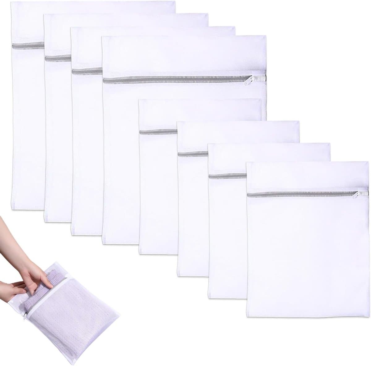 Set van 8 waszakken voor de wasmachine – Fijne wasnetten 30x20cm & 30x40cm – Herbruikbare beschermende waszakken voor lingerie, sokken en babykleding — afbeelding 1