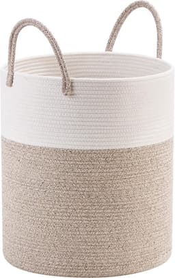 Wasmand - Dekenmand voor de woonkamer - Speelgoedmand - Decoratieve geweven katoenen touwmand - Bruin - 45,72 x 40,64 cm — thumbnail 1