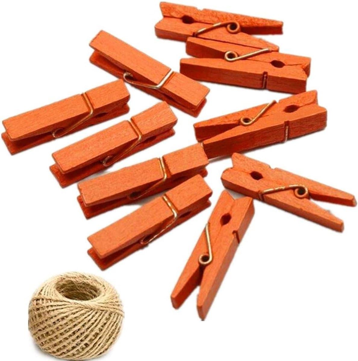 Houten Mini Klemmen - Ambachtelijke Clips - Decoratie en Knutselen - Inclusief Jute Touw - 100 Stuks - Oranje — afbeelding 1