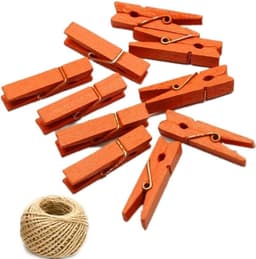 Houten Mini Klemmen - Ambachtelijke Clips - Decoratie en Knutselen - Inclusief Jute Touw - 100 Stuks - Oranje — thumbnail 1