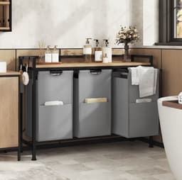 J&R Wasmand kastje - Wasmand met 3 vakken - Wassorteerder - Wasmand tafel - Waszak - Badkamerkast - Wasmand meubel - Wasmand rek - Light oak - Zwart metaal — thumbnail 3