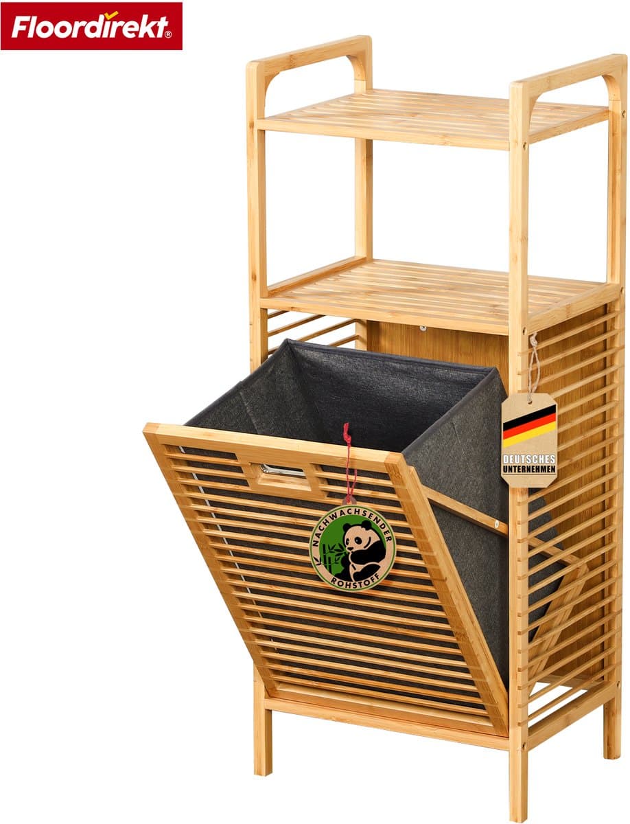 FLOORDIREKT Wasmand van Bamboe Arizona - Wasverzamelaar met 2 Compartimenten - Voor Vuile Was - Houten Wassorteerder met Grote Wasbox — afbeelding 1