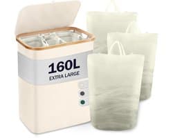 Wasmand met deksel en 3 vakken - beige - bamboe - 160 liter