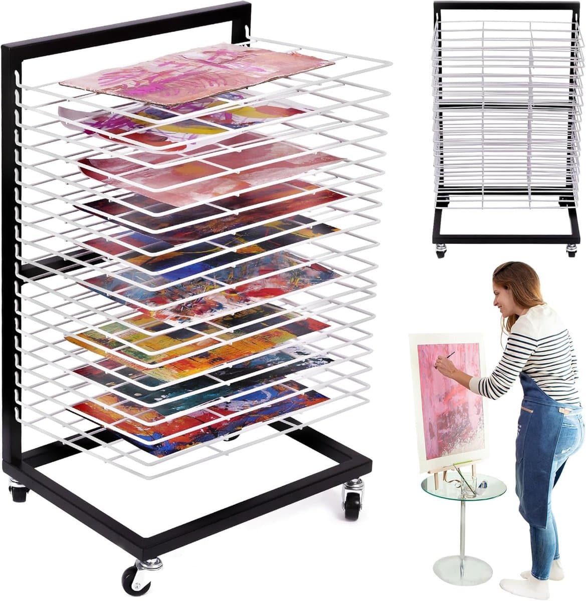 Klein Hangend Droogrek voor Kunst - Mobiele Droogtoren - 19 Uitneembare Schappen - Wit — afbeelding 1
