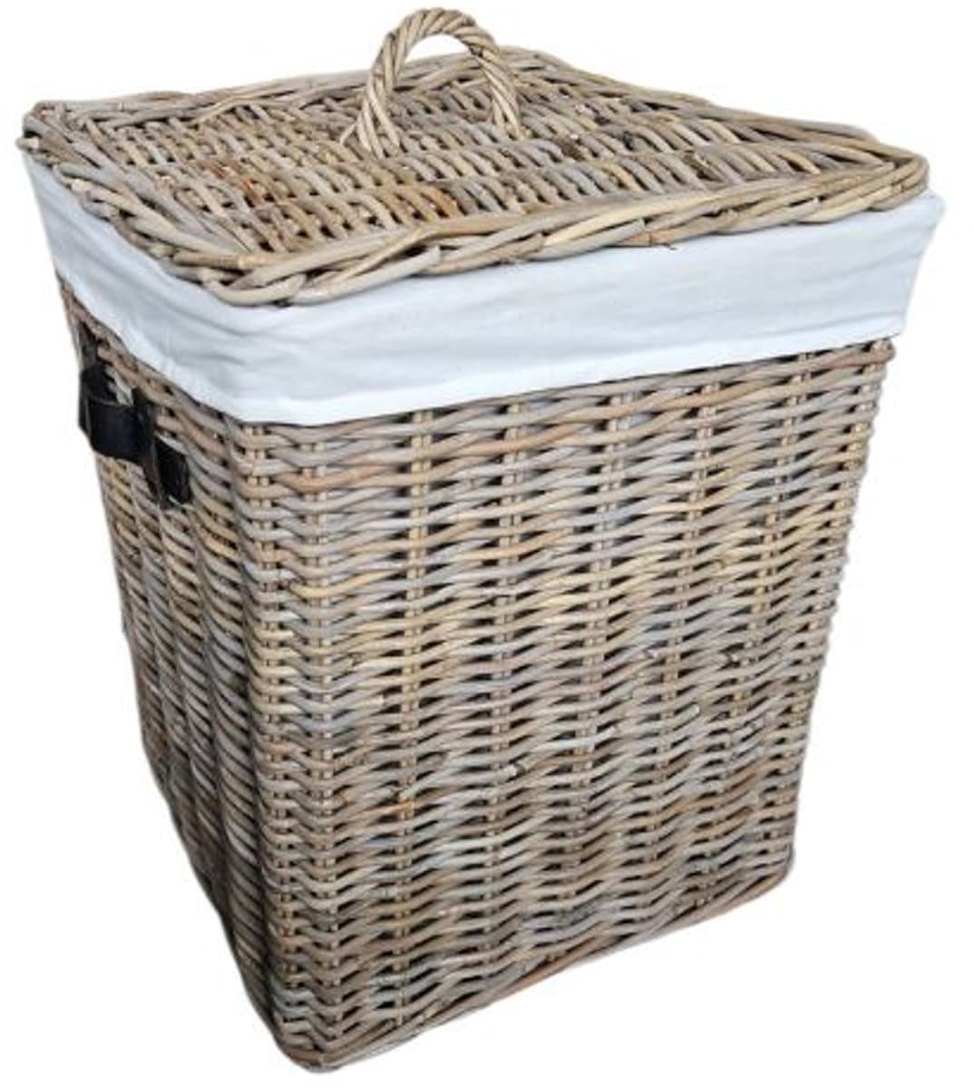 Rieten Wasmand Groot 50cm | Deksel & Linnen Voering | Zwarte Leren Handgrepen | Handgemaakt Indonesië — afbeelding 1