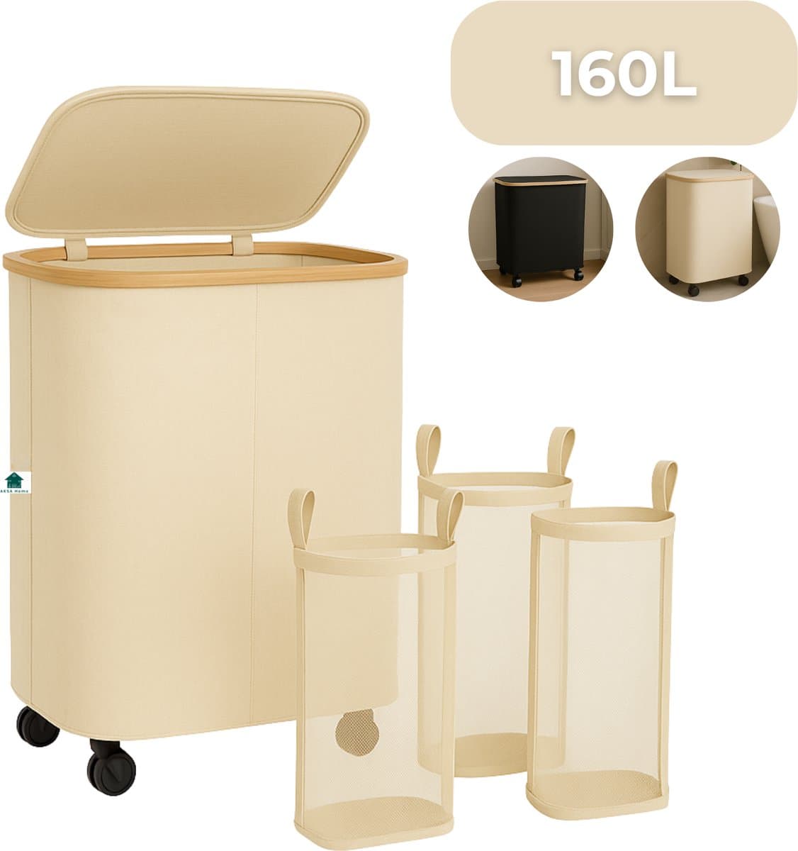AKSA Home® Wasmand met Wieltjes - Wassorteerder met 3 vakken - Wasmand Opvouwbaar met Deksel - 160L - Beige/Creme — afbeelding 1