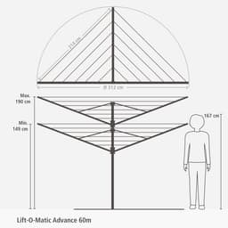 Brabantia Lift-O-Matic Advance Droogmolen - met Kunststof Betonanker, Beschermhoes en Wasknijpertasje - 60 m - Metallic Grey — thumbnail 2