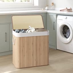 CHIWIN Wasmand met 3 Vakken –Bamboe Grote Wasverzamelaar 150L – Handgeweven Wasmand met Deksel & Handgrepen – Opbergmand voor Badkamer, Slaapkamer & Wasruimte – 60x40x61,5cm — thumbnail 1