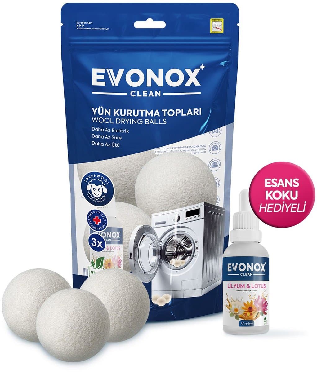 Evonox Clean – Set van 3 Wolvilten Wasdrogerballen + 30ML Geur Essentie Cadeau – Natuurlijk en Milieuvriendelijk — afbeelding 1
