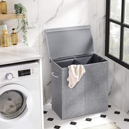 wasmand 142 L, waszak van imitatielinnen, wassorteerder, waskist met aparte vakken, magnetische deksel en handvatten, opvouwbaar, waszak afneembaar, grijs LCB02G — thumbnail 5