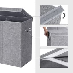 wasmand 142 L, waszak van imitatielinnen, wassorteerder, waskist met aparte vakken, magnetische deksel en handvatten, opvouwbaar, waszak afneembaar, grijs LCB02G — thumbnail 3