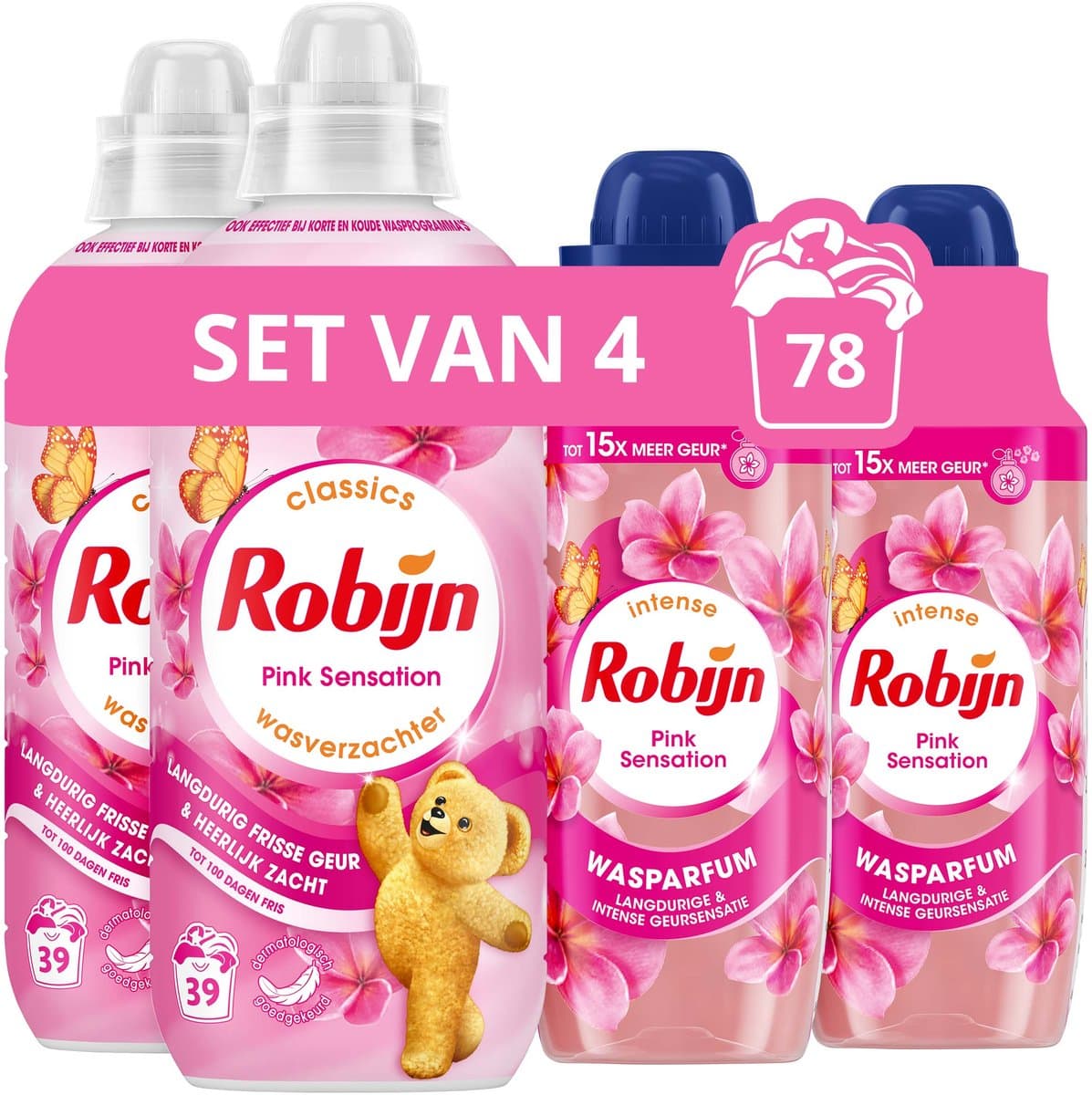 Robijn Perfecte Match Wasverzachter en Wasparfum Pakket - Pink Sensation - 4 Stuks - 2 x 39 Wasbeurten + 2 x 342ml - Voordeelverpakking — afbeelding 1