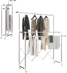 Opvouwbaar droogrek voor binnenshuis met 3 verstelbare stangen en 4 wieltjes, 104-150 x 103 x 145-197 cm, zilverkleurig — thumbnail 1