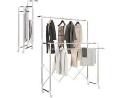 Opvouwbaar droogrek voor binnenshuis met 3 verstelbare stangen en 4 wieltjes, 104-150 x 103 x 145-197 cm, zilverkleurig
